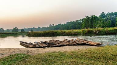 Boats made, carved from one piece of wood at the bank of the river in Chitwan National Park, Nepal.