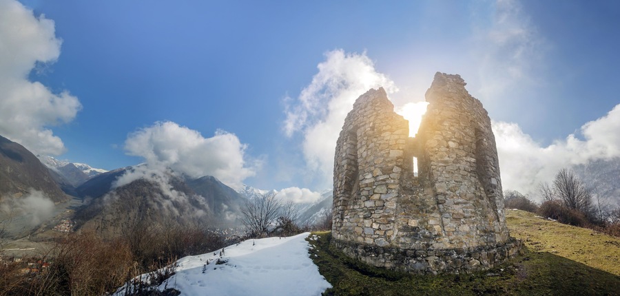 Ruins of a 16th century tower in Ilisu, a Greater Caucasus mountain village in north-western Azerbaijan