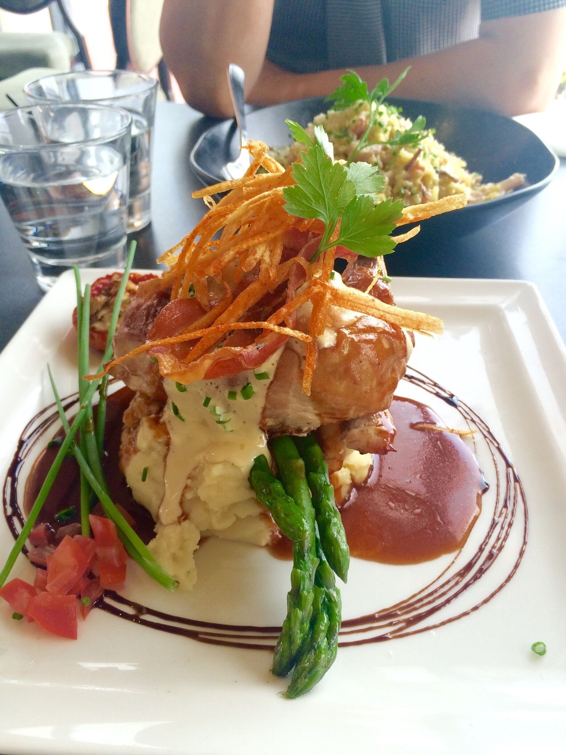 Free range chicken breast- mash prosciutto asparagus other yummy things 

$34 