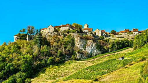 Chateau-Chalon village above its vineyards in Jura, France