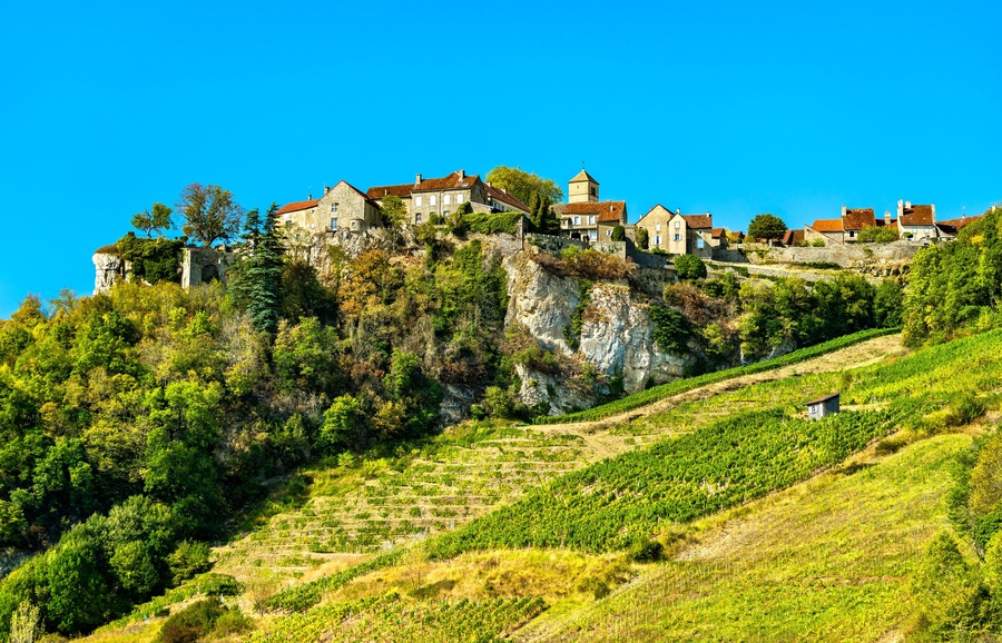 Chateau-Chalon village above its vineyards in Jura, France