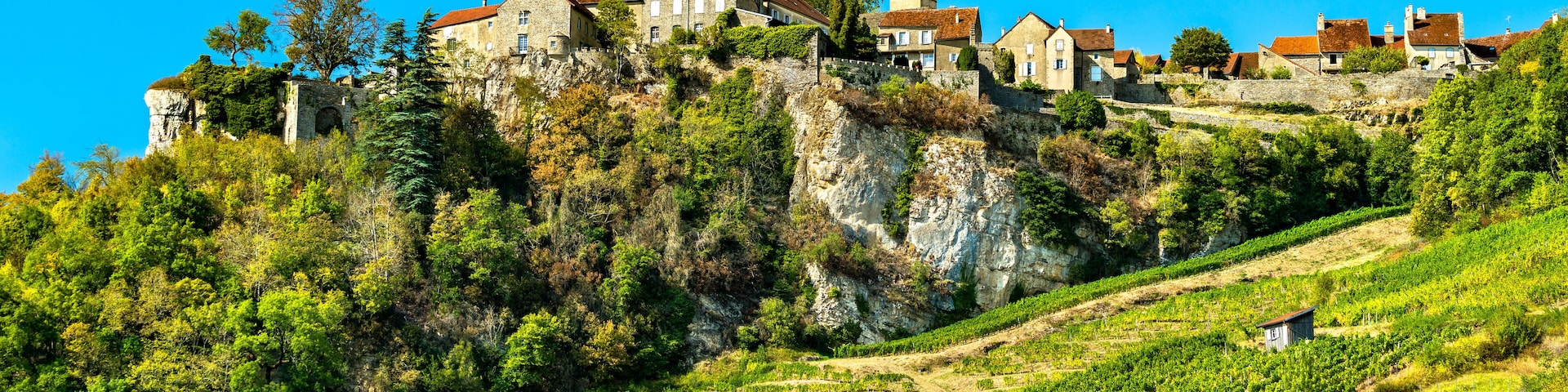 Chateau-Chalon village above its vineyards in Jura, France
