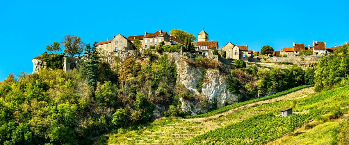A hillside with terraced vineyards and historic buildings on top.