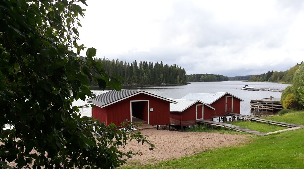 Red boat houses in Virrat Finland