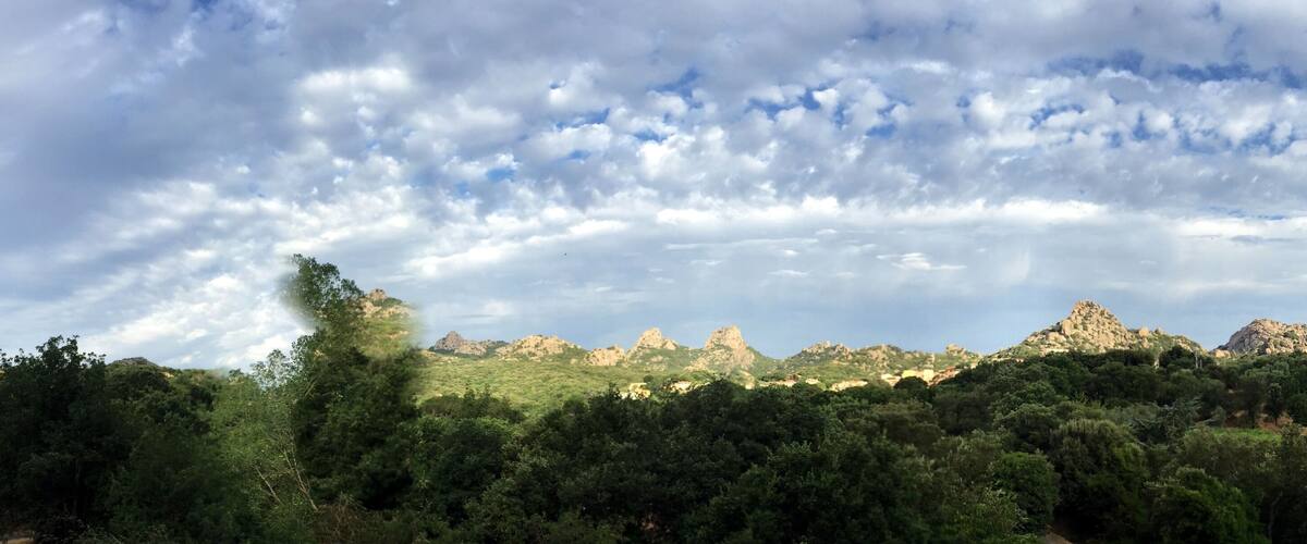 A mountainous landscape with dense forest and rocky peaks under a cloudy sky.