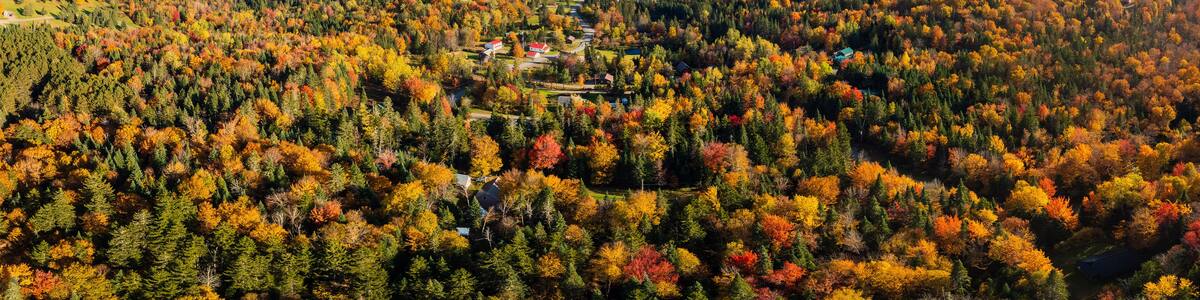 Aerial Panorama View Overlooking Beautiful New England Fall Colors - First Connecticut Lake in Pittsburg, New Hampshire