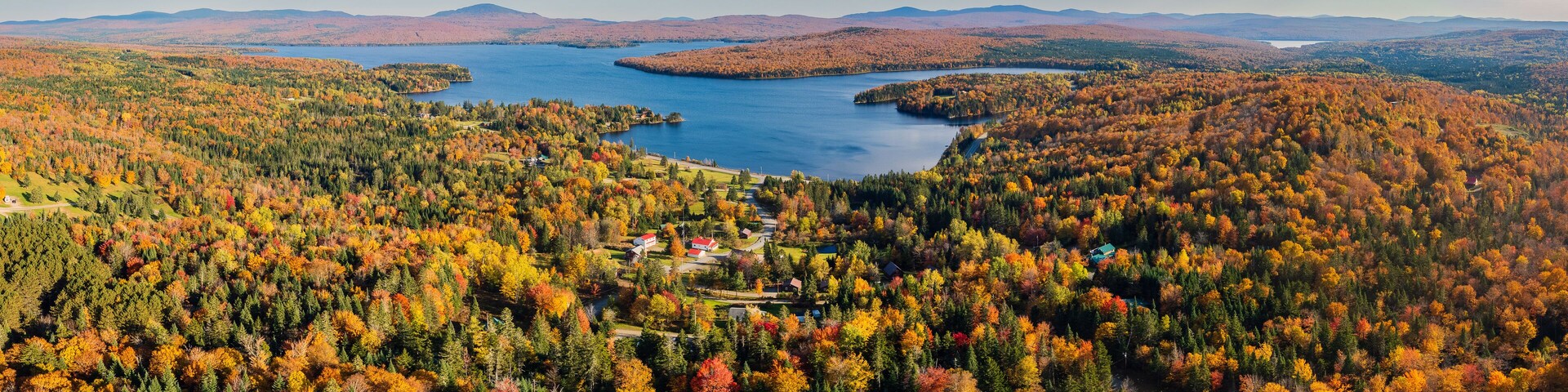 Aerial Panorama View Overlooking Beautiful New England Fall Colors - First Connecticut Lake in Pittsburg, New Hampshire