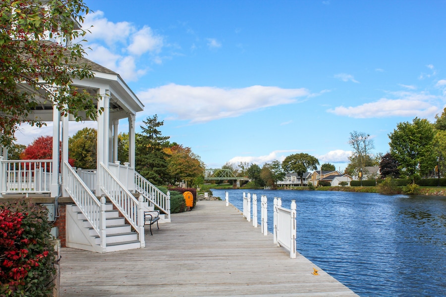 Gazebo and boat dock on the Eire Canal at Spencerport, NY