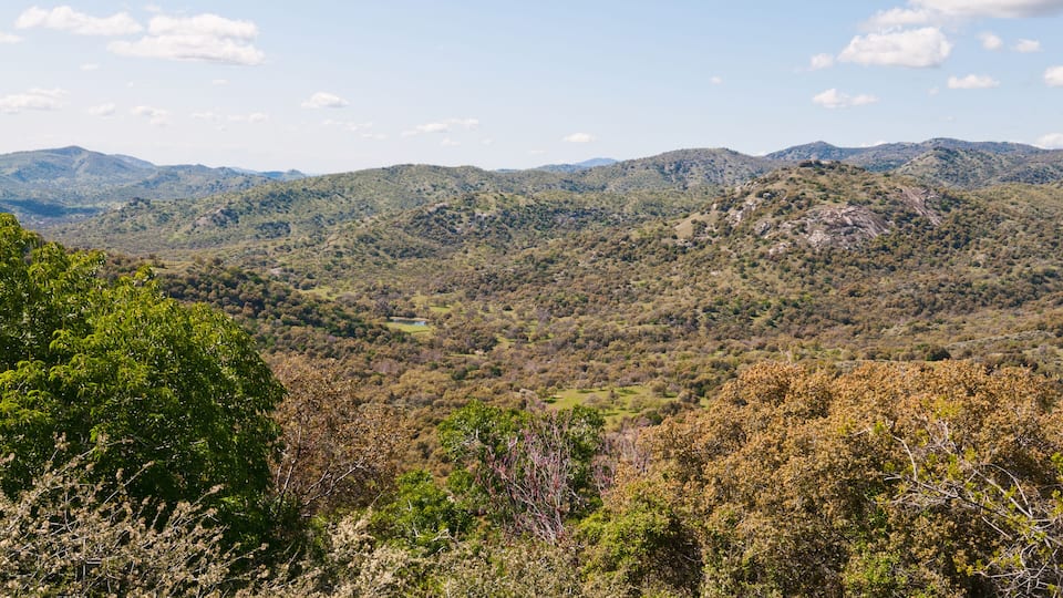 A mountainous landscape with dense forests and rolling hills under a clear sky.