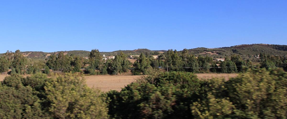 A rural landscape with rolling hills, scattered houses, and dense forest in the foreground.