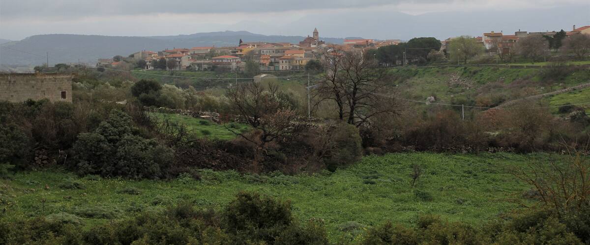 A town with red-roofed buildings on a hillside, surrounded by greenery and hills in the background.
