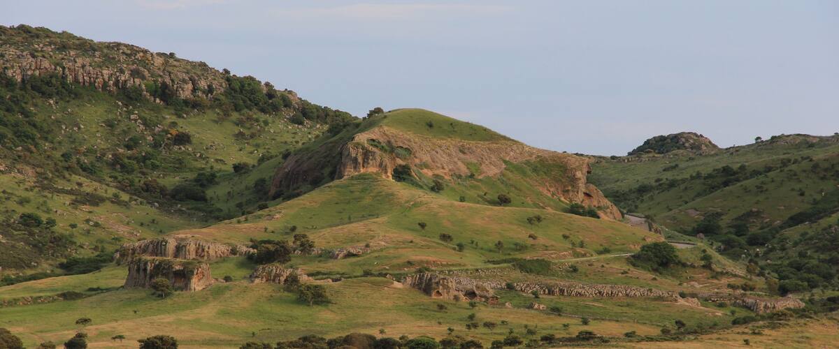 Rolling hills with sparse trees and a rocky outcrop.