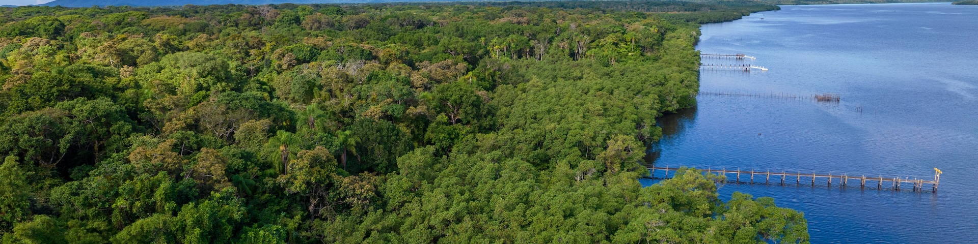 Aerial view of the city of Cananéia. Mangrove and sea at Ilha do Cardoso state park