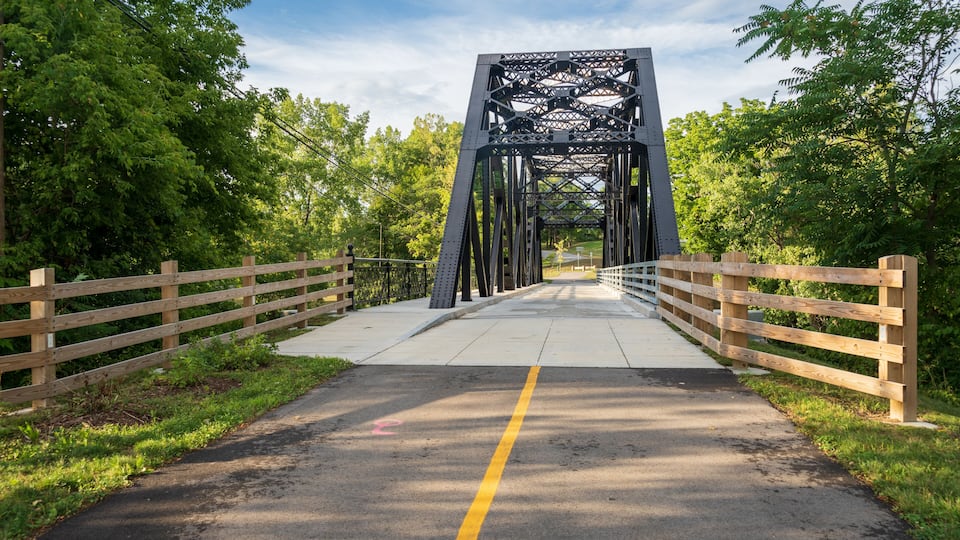 A pedestrian bridge with a metal framework and wooden railings, surrounded by lush greenery.