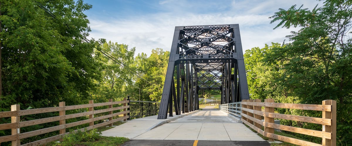 A pedestrian bridge with a metal framework and wooden railings, surrounded by lush greenery.