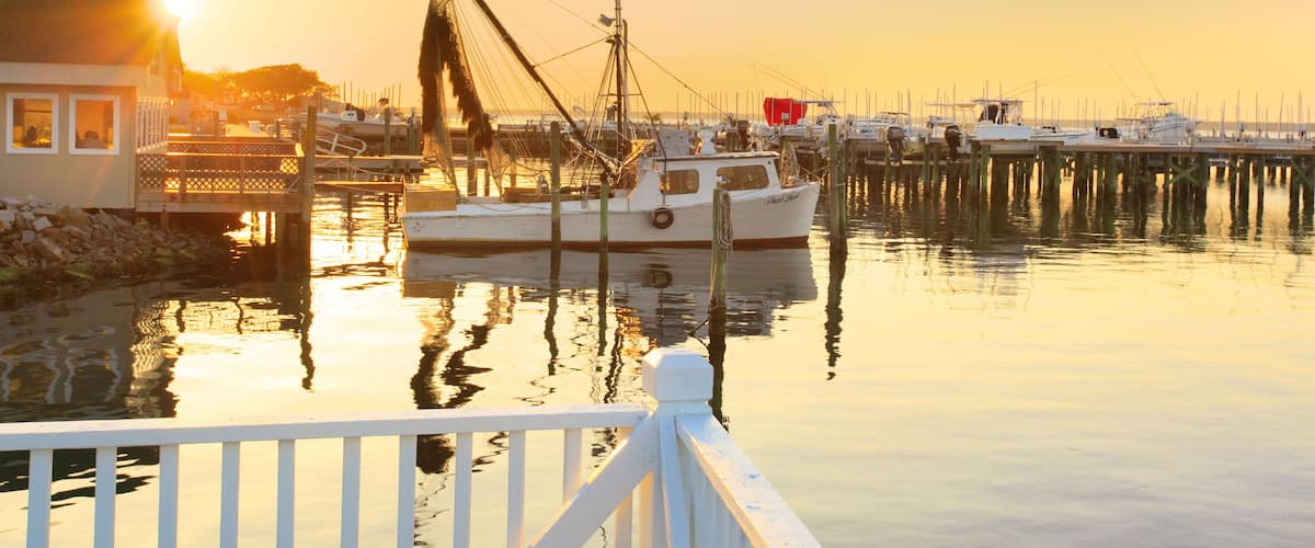 Sunset over harbor at Salter Path, Atlantic Beach, North Carolina, USA