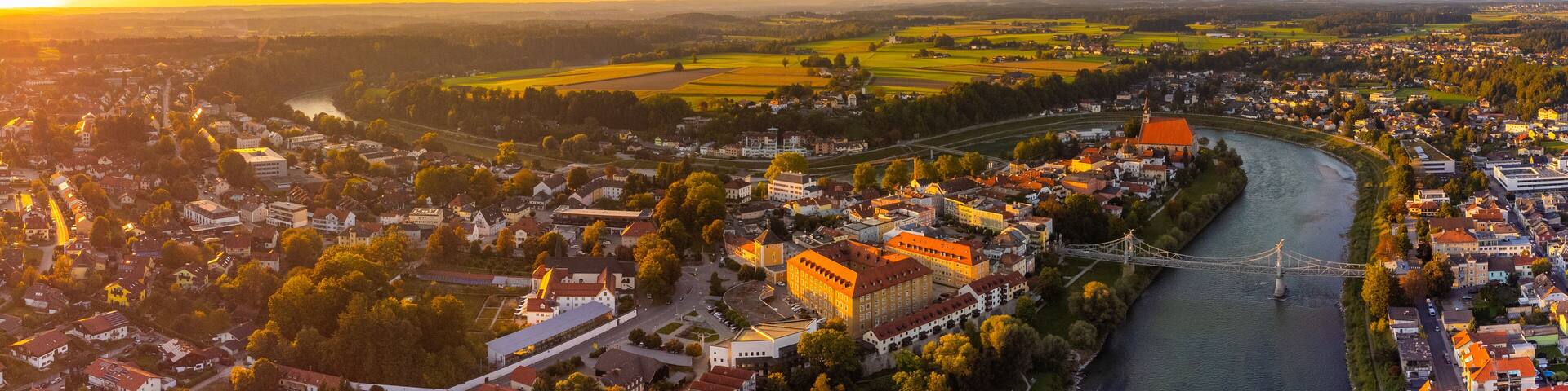 City of Laufen, Bavaria, and Oberndorf bei Salzburg, Austria, in summer at sunset