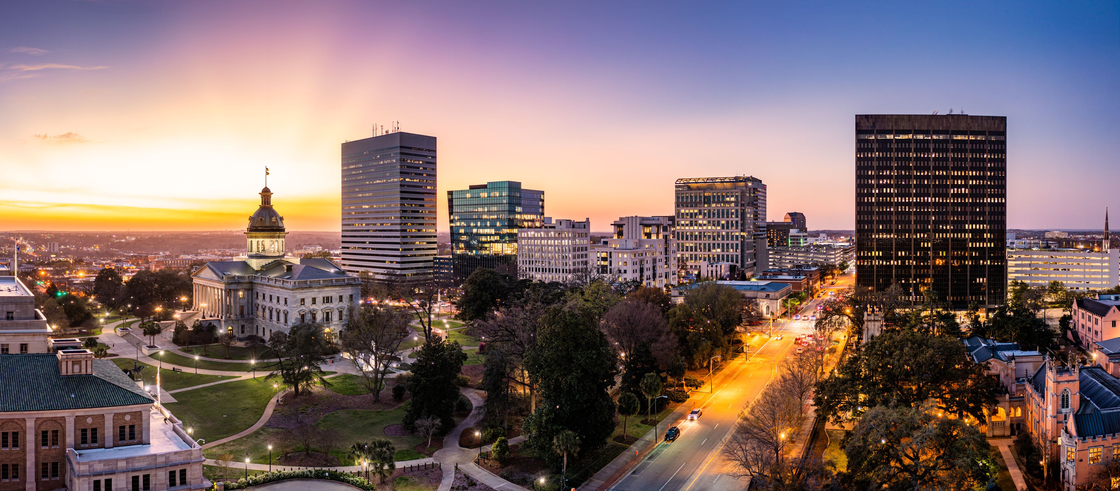 Aerial view of the South Carolina skyline at dusk in Columbia, SC. Columbia is the capital of the U.S. state of South Carolina and serves as the county seat of Richland County
