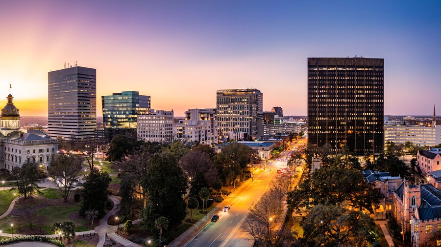 Aerial view of the South Carolina skyline at dusk in Columbia, SC. Columbia is the capital of the U.S. state of South Carolina and serves as the county seat of Richland County