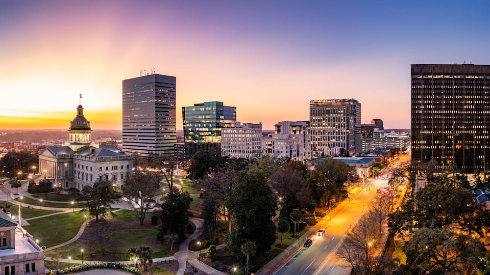 Aerial view of the South Carolina skyline at dusk in Columbia, SC. Columbia is the capital of the U.S. state of South Carolina and serves as the county seat of Richland County