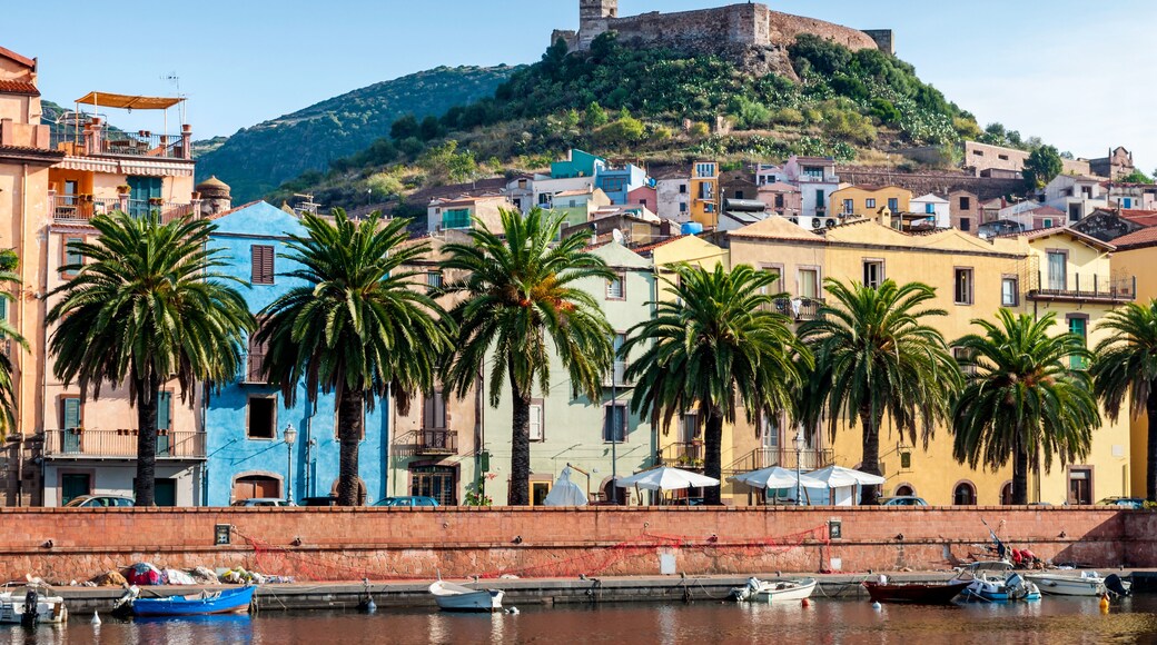 View of the river, the town of Bosa and the old fort on the island of Sardinia in Italy