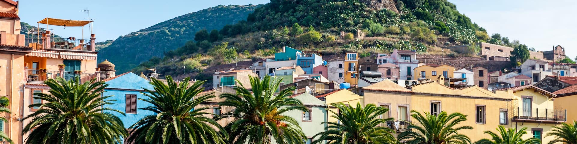 View of the river, the town of Bosa and the old fort on the island of Sardinia in Italy