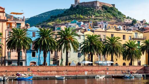 View of the river, the town of Bosa and the old fort on the island of Sardinia in Italy