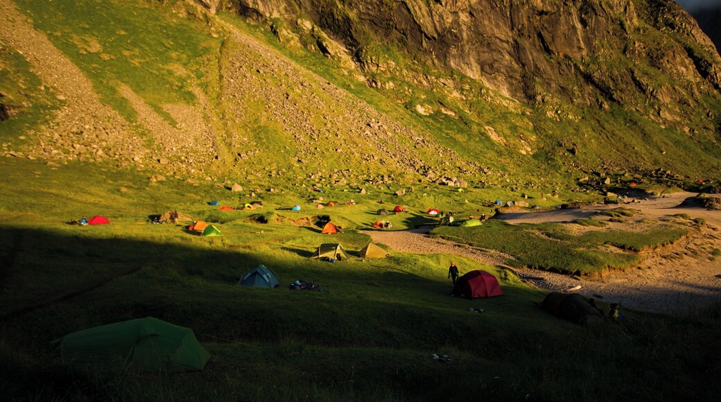 #beachtips
If a wild camping paradise exists, it would be on Kvalvika Beach on the Lofoten Islands in Norway. This place can only be reached on foot, after doing a mountain hike, and is always packed with wild campers who come there to enoy the midnight sun. I shot this photo in July 2017, around midnight, when the sun was at its lowest point and shade was covering parts of the beach.