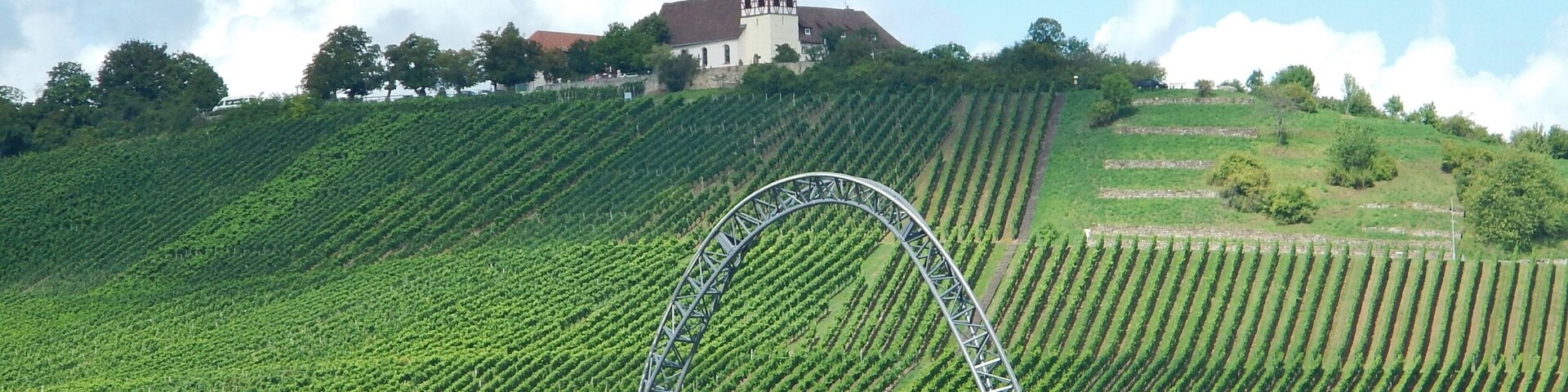 Ausblick über Karacho auf den Weinberg und das Jugendhaus Michaelsberg, Michaelskirche
