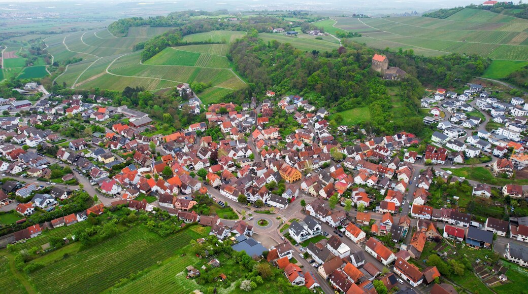 Aerial panoramic view around the old town of the city Cleebronn on a cloudy spring noon in Germany.