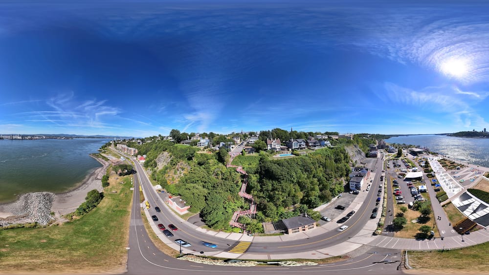 360 aerial photo taken with drone of Escalier Rouge in Lévis, Canada next to the Saint Lawrence River