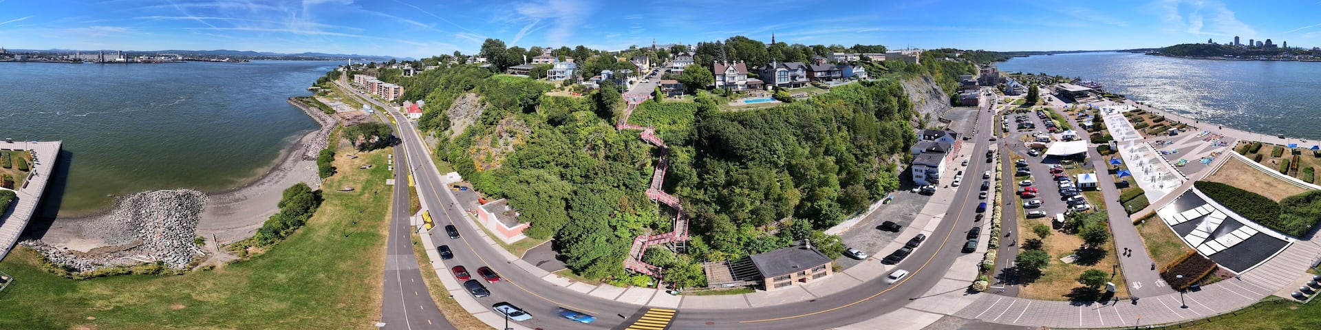 360 aerial photo taken with drone of Escalier Rouge in Lévis, Canada next to the Saint Lawrence River