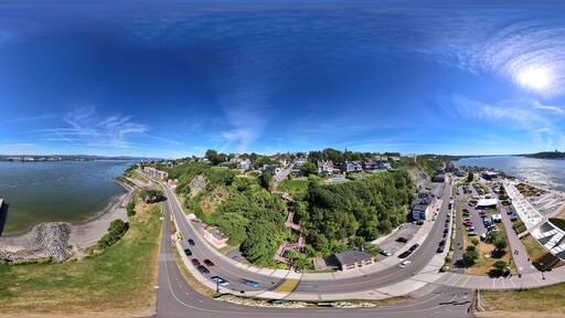 360 aerial photo taken with drone of Escalier Rouge in Lévis, Canada next to the Saint Lawrence River