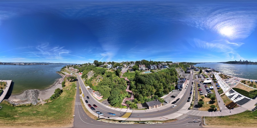 360 aerial photo taken with drone of Escalier Rouge in Lévis, Canada next to the Saint Lawrence River