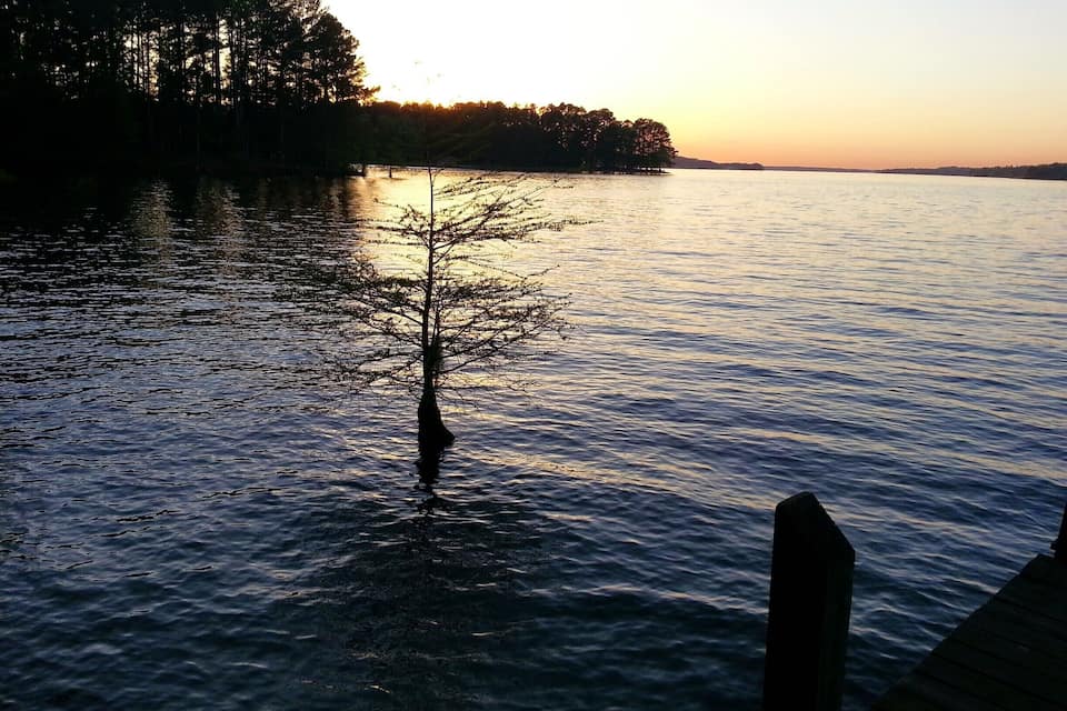 A sunset over a calm lake with a tree in the water and a dock in the foreground.