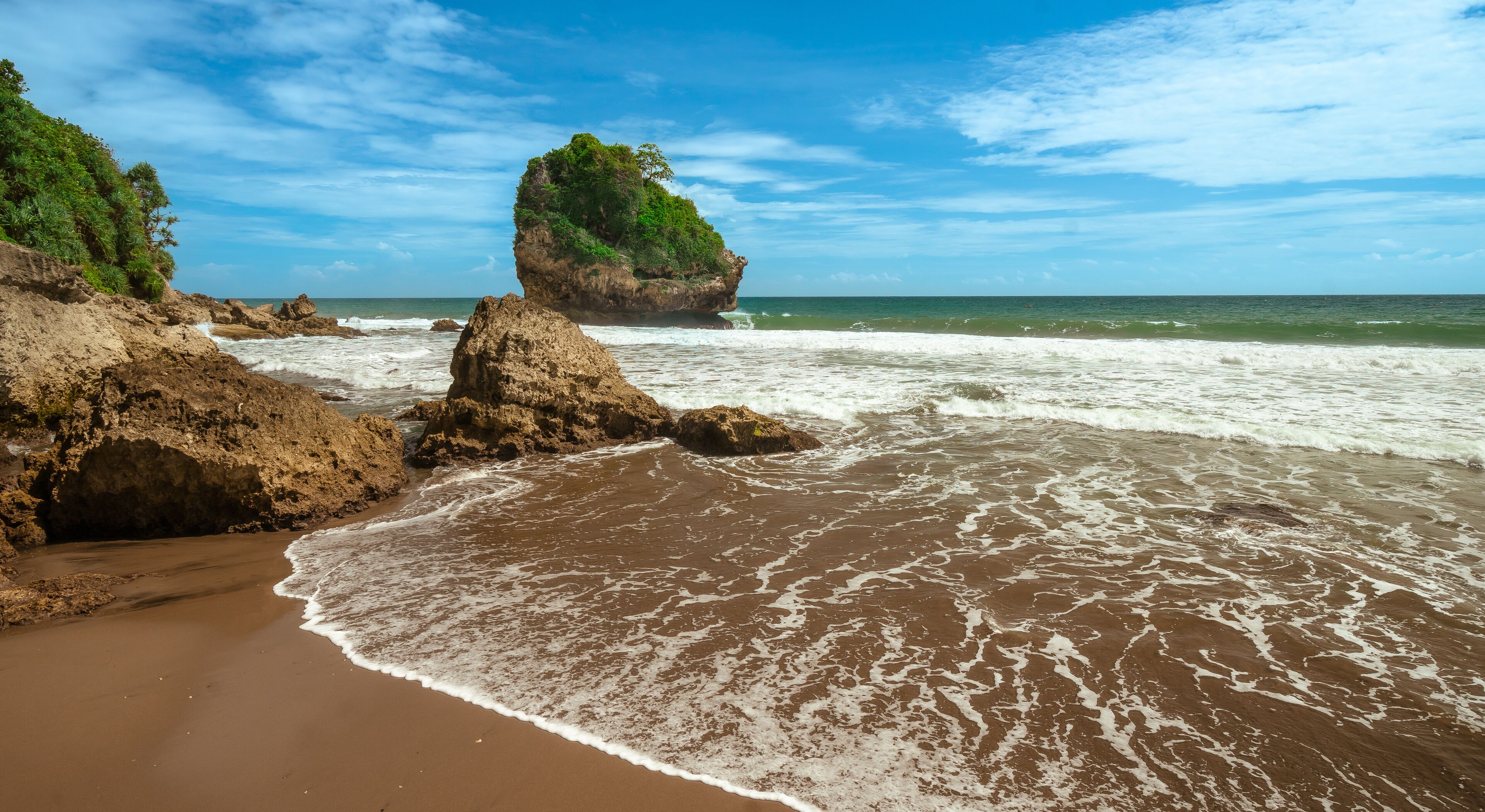 Tropical Beach Landscape with Waves and Blue Sky