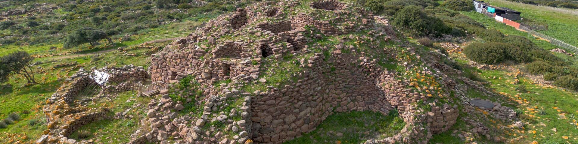 Nuraghe Seruci. Aerial drone view of the nuragic complex of Seruci, Gonnesa, Sardinia, Italy. Southern Sardinia