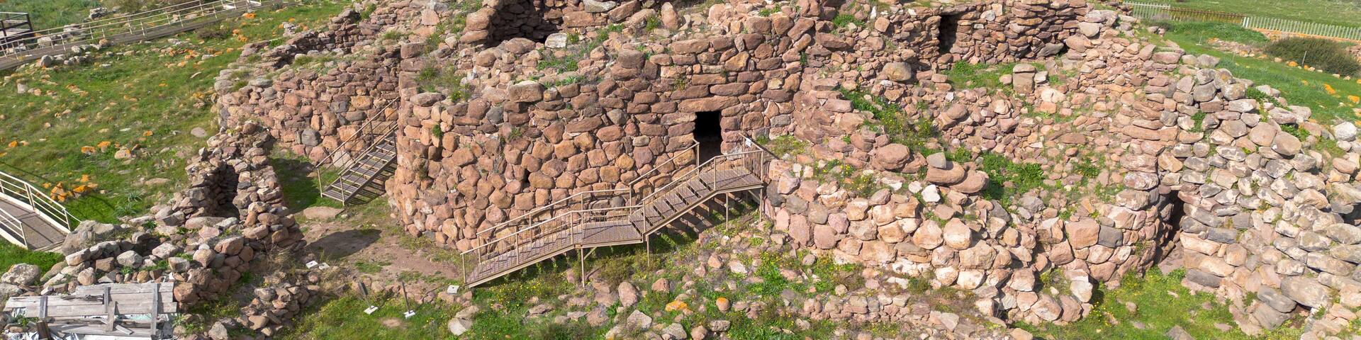Nuraghe Seruci. Aerial drone view of the nuragic complex of Seruci, Gonnesa, Sardinia, Italy. Southern Sardinia