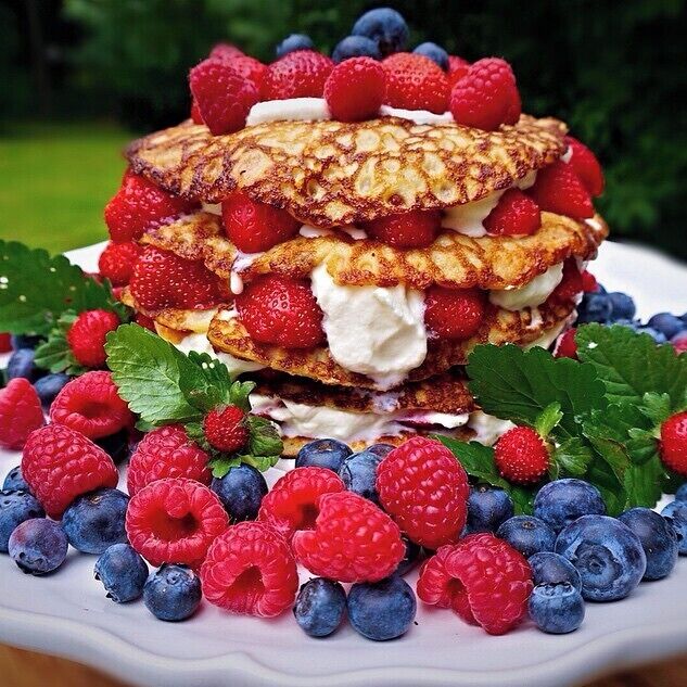 A stack of pancakes with whipped cream and fresh berries.