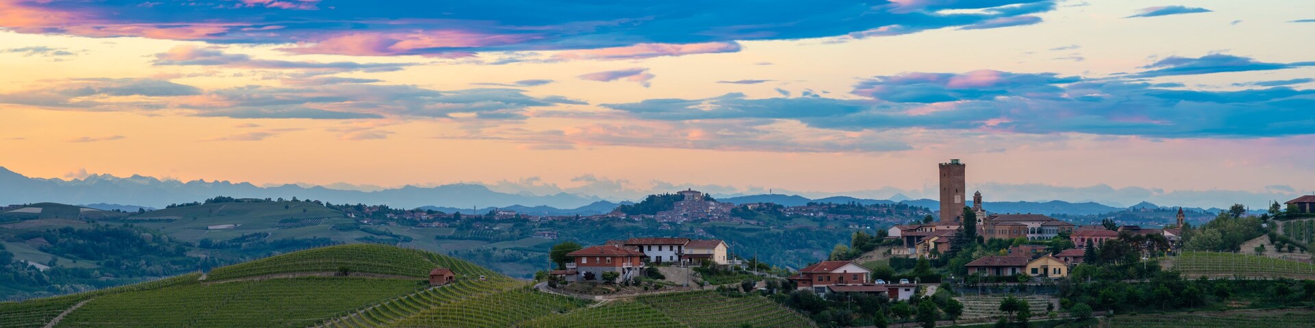 A hillside village with vineyards, a prominent tower, and a mountain range in the background.