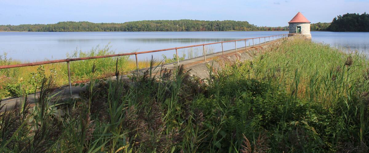 A lake with a small tower and a wooden walkway.
