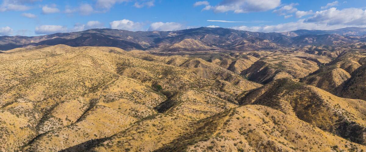 A vast desert landscape with rolling hills and distant mountains under a clear blue sky.