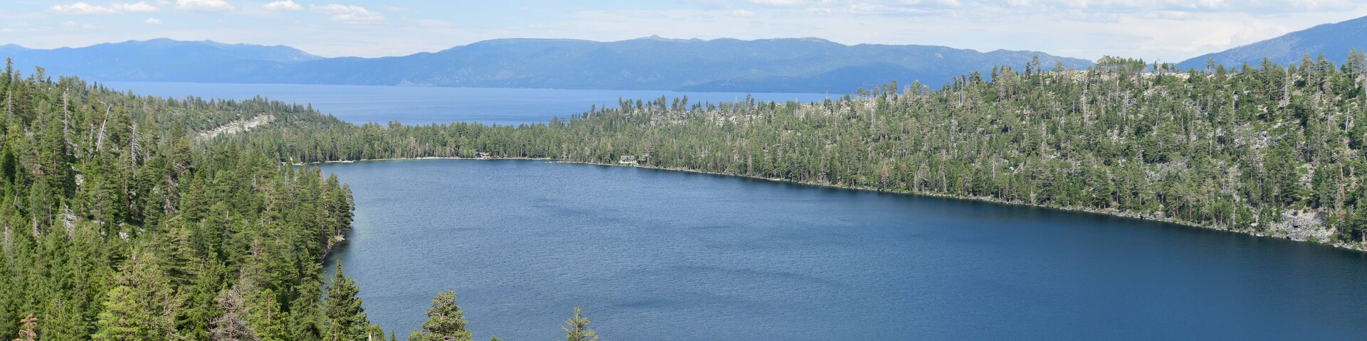 Un lago rodeado de un bosque denso y montañas al fondo.