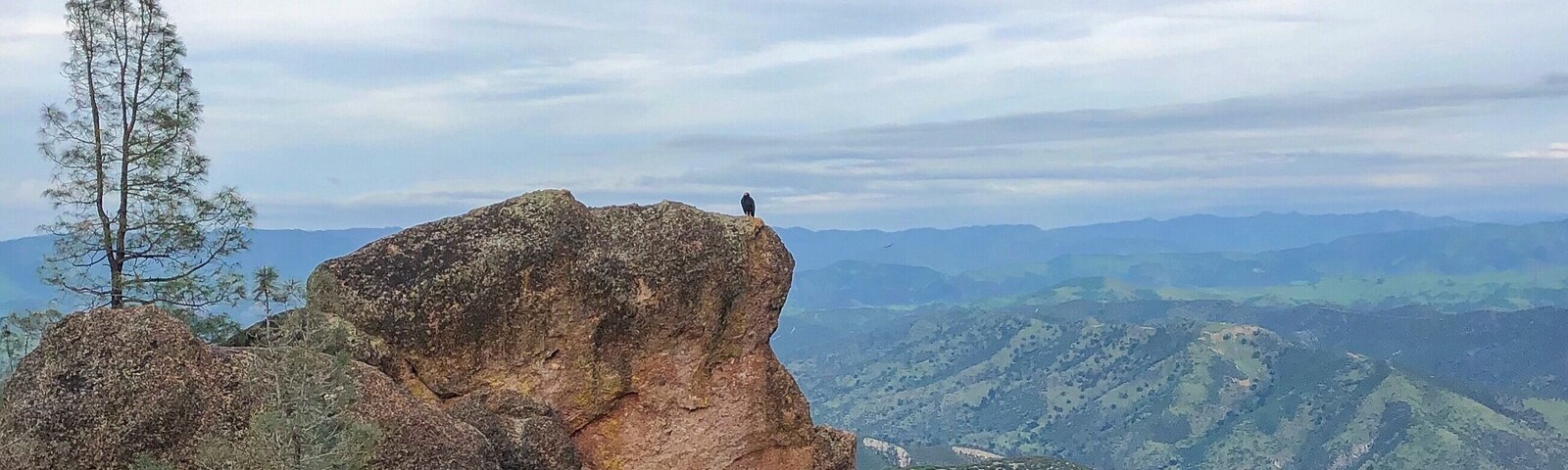 Um penhasco rochoso com uma ave empoleirada no topo, rodeado por colinas verdes e um céu parcialmente nublado.