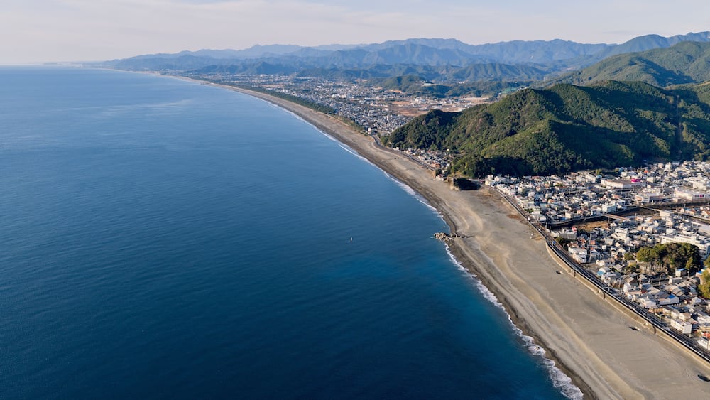 An aerial view of a coastal city with a beach, mountains, and a dense urban area.