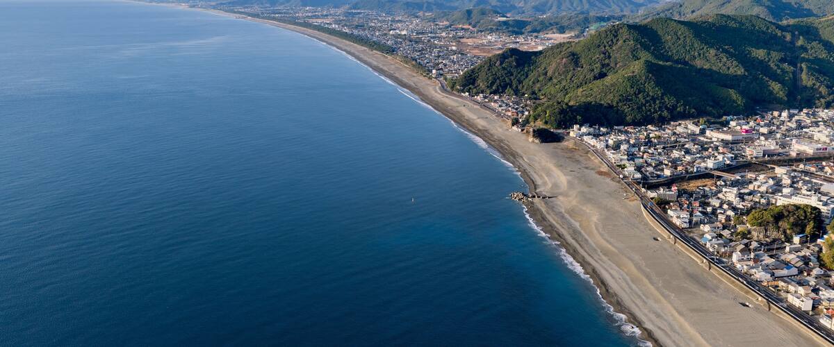 An aerial view of a coastal city with a beach, mountains, and a dense urban area.