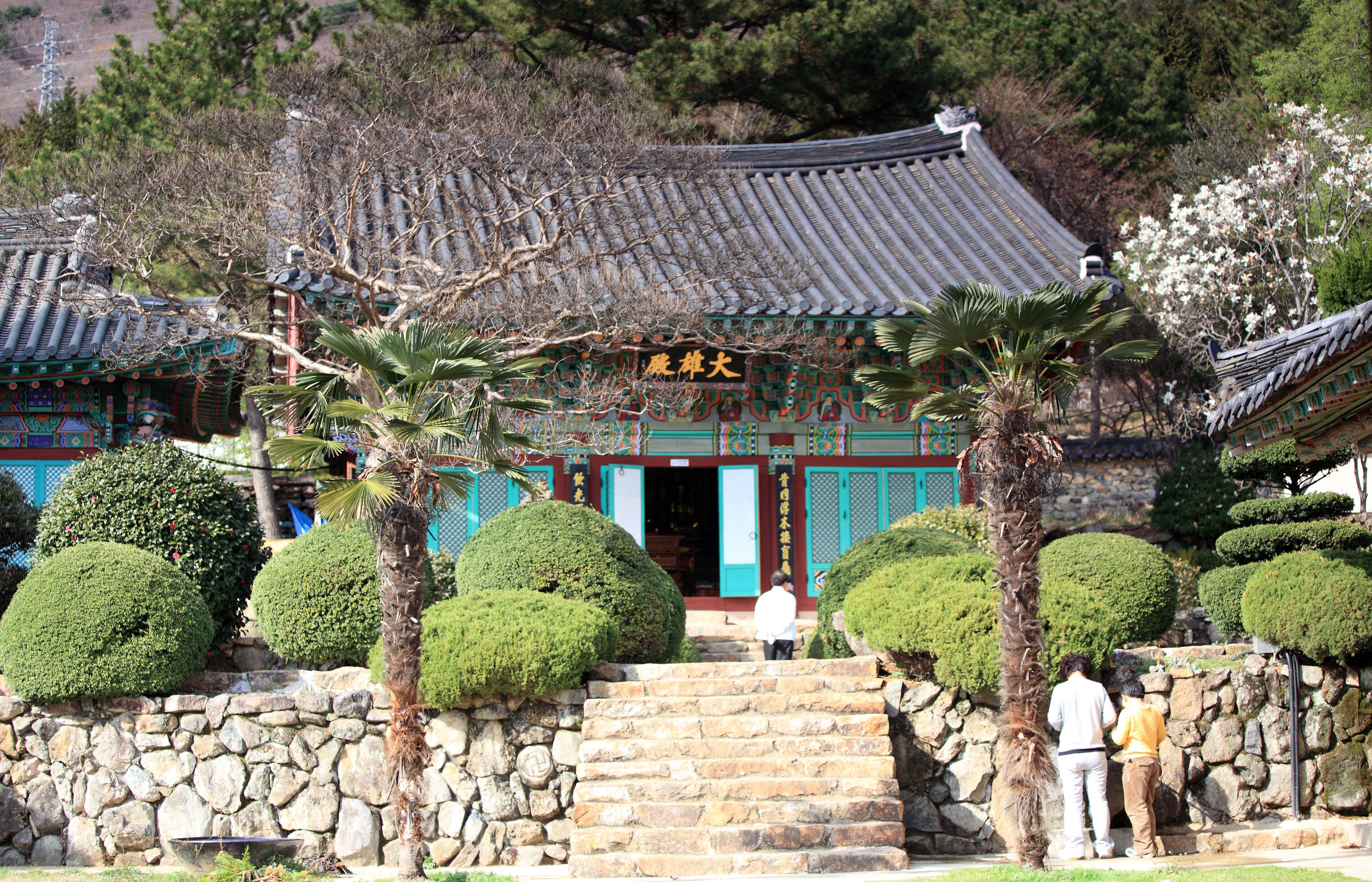 A traditional Korean temple with ornate architecture, stone steps, and well-maintained gardens.