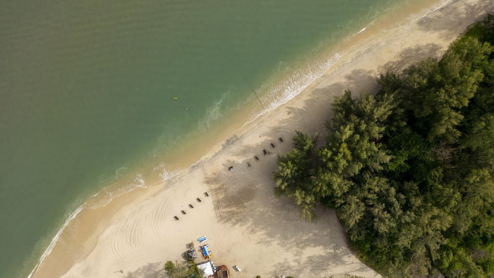 An aerial view of a beach with a row of beach huts, a small structure, and dense forested area.