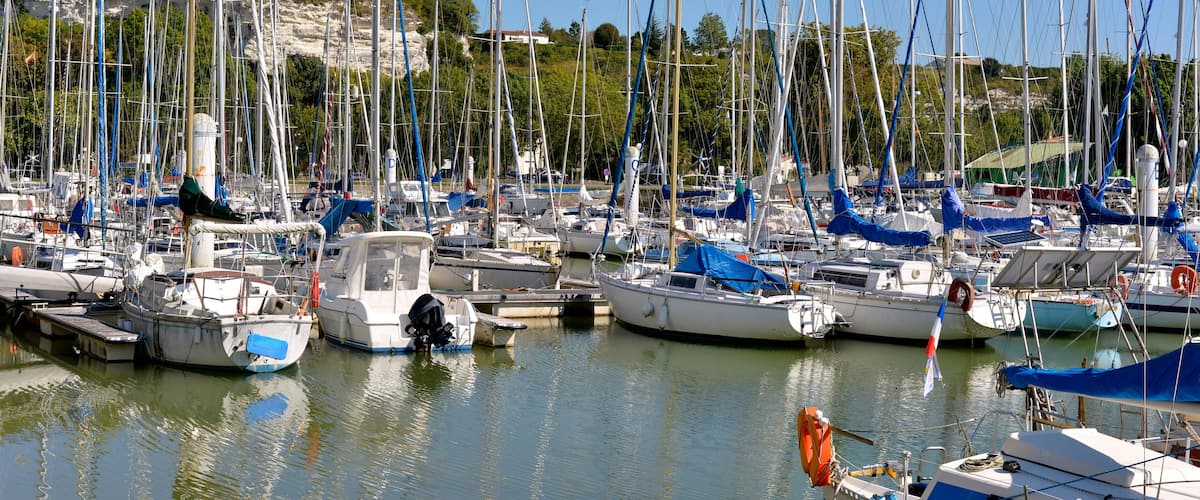 A marina with numerous sailboats docked in calm waters.