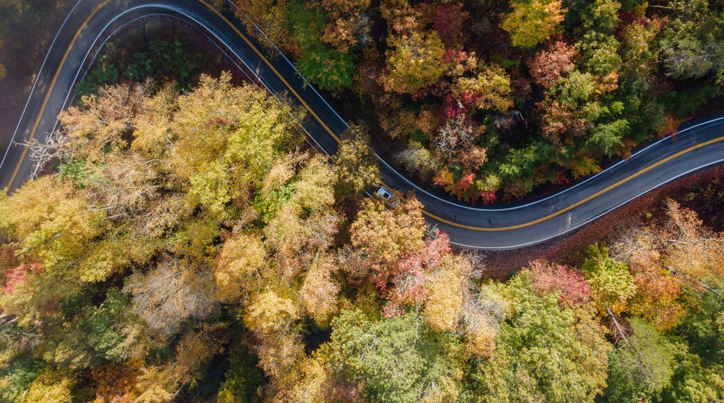 Aerial View of the Tail of the Dragon road near the Tennessee and North Carolina border in the Smoky Mountains in the Fall